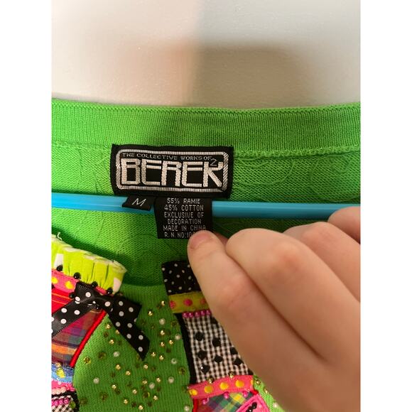2000s Berek 2 Lime Green Ribbon Stockings Christmas Sparkle Maximalist Sweater M - Picture 2 of 7